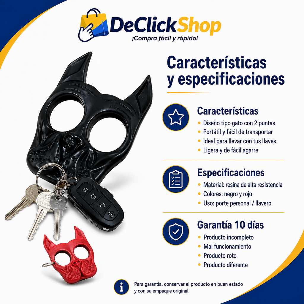 Llavero de Seguridad Personal Tipo Gato con 2 Puntas – Compacto y Resistente