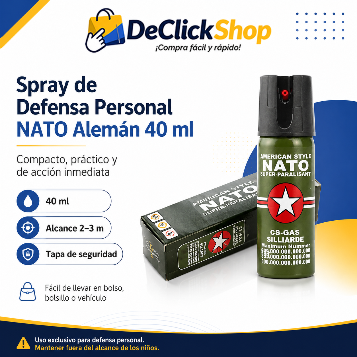 Spray de Defensa Personal Compacto 40 ml con Tapa de Seguridad – Modelo NATO