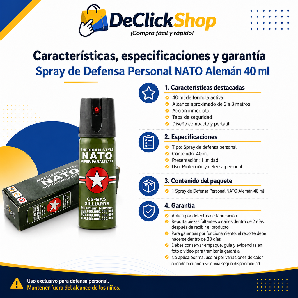 Spray de Defensa Personal Compacto 40 ml con Tapa de Seguridad – Modelo NATO
