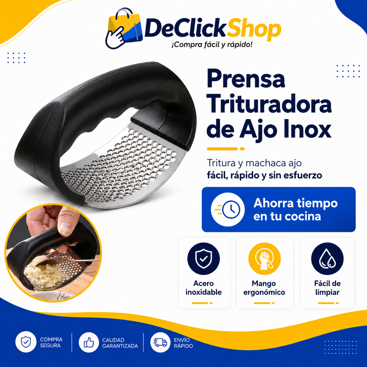 Prensa Trituradora de Ajo en Acero Inoxidable con Mango Ergonómico