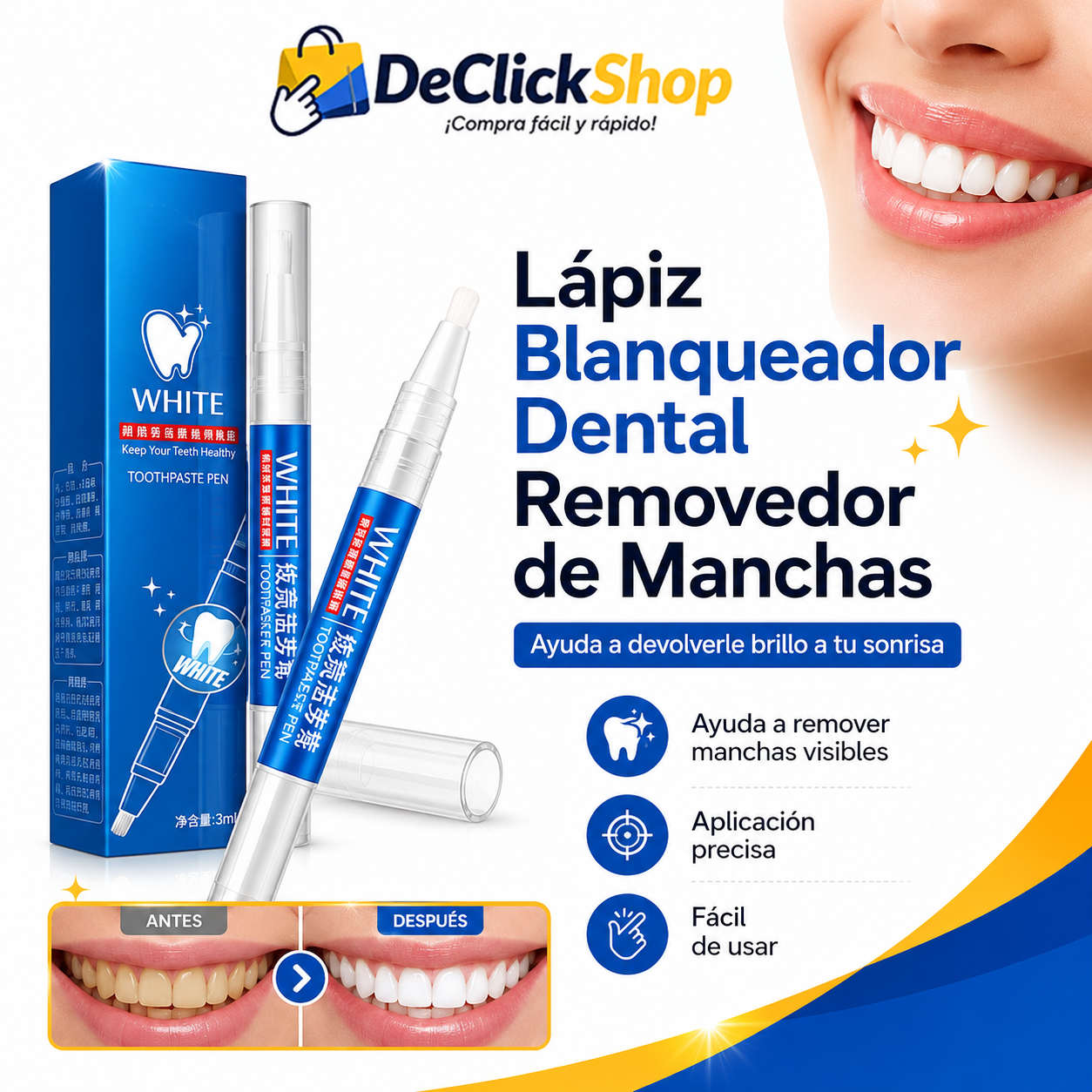 Lápiz Blanqueador Dental Removedor de Manchas – Aplicación Precisa 3 ml