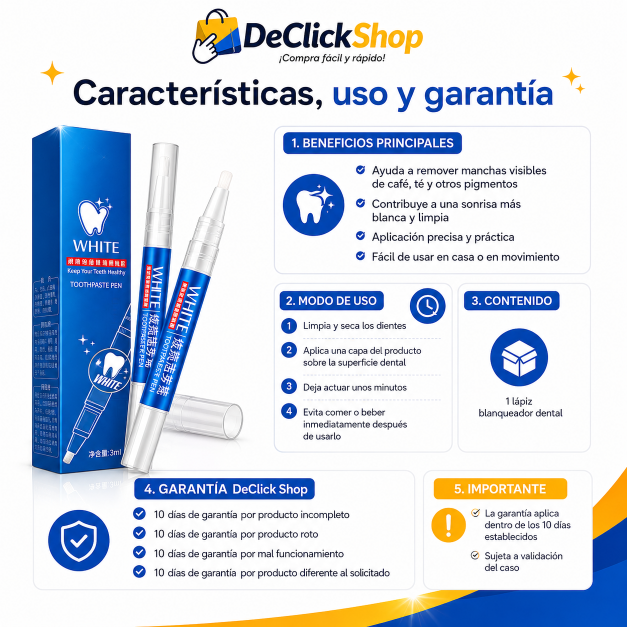 Lápiz Blanqueador Dental Removedor de Manchas – Aplicación Precisa 3 ml