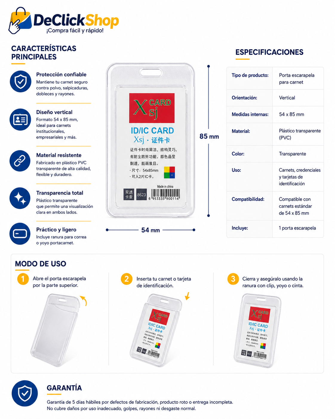 Porta Carnet Vertical Transparente 54 × 85 mm – Doble Cara