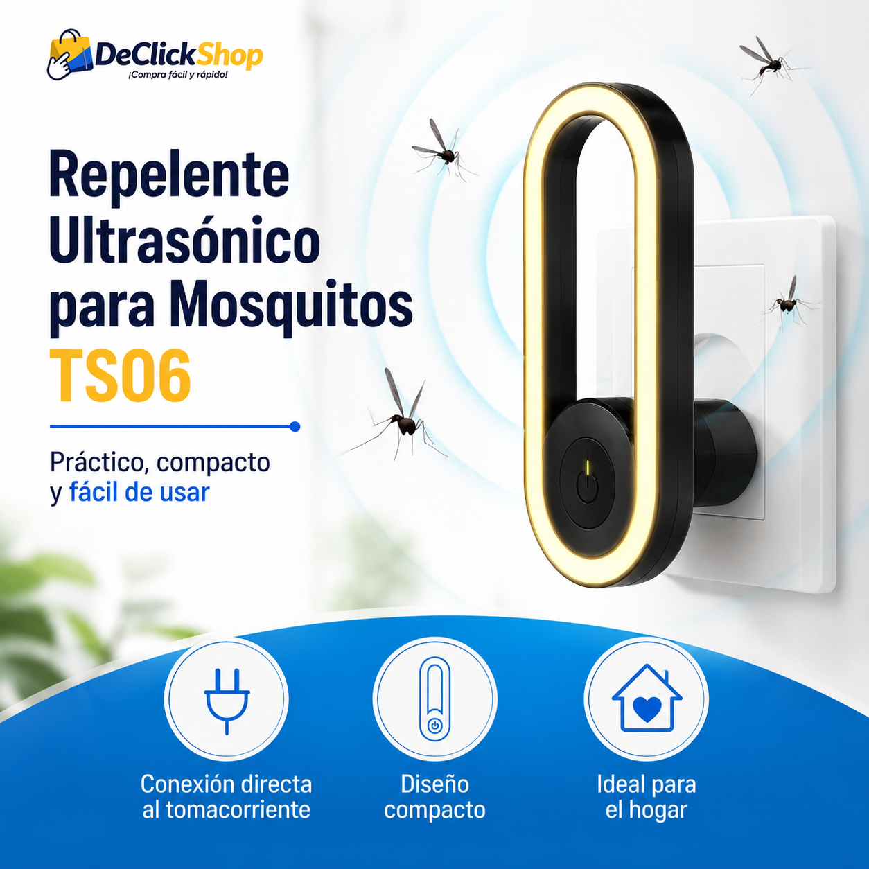 Repelente Ultrasónico para Mosquitos TS06 Enchufable – Compacto para Hogar, Habitación u Oficina