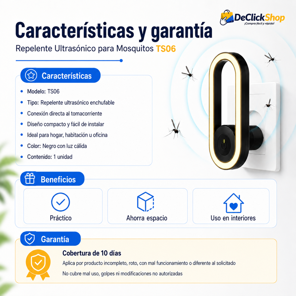 Repelente Ultrasónico para Mosquitos TS06 Enchufable – Compacto para Hogar, Habitación u Oficina