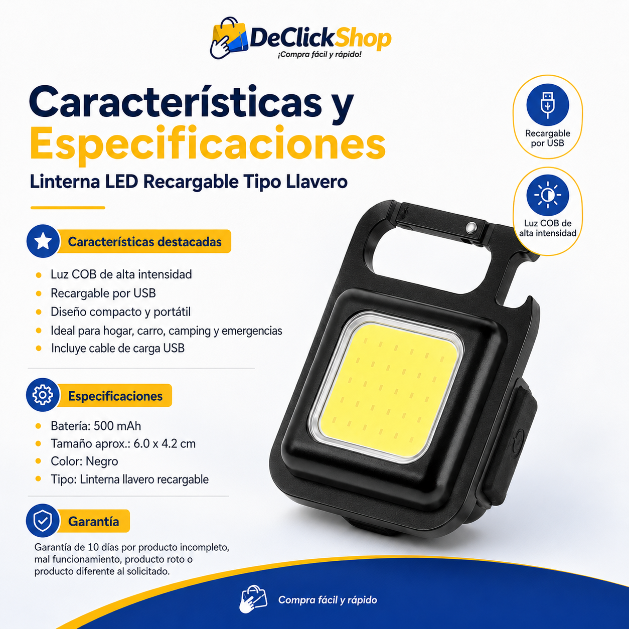 Linterna LED Recargable Tipo Llavero – Compacta, Potente y Portátil