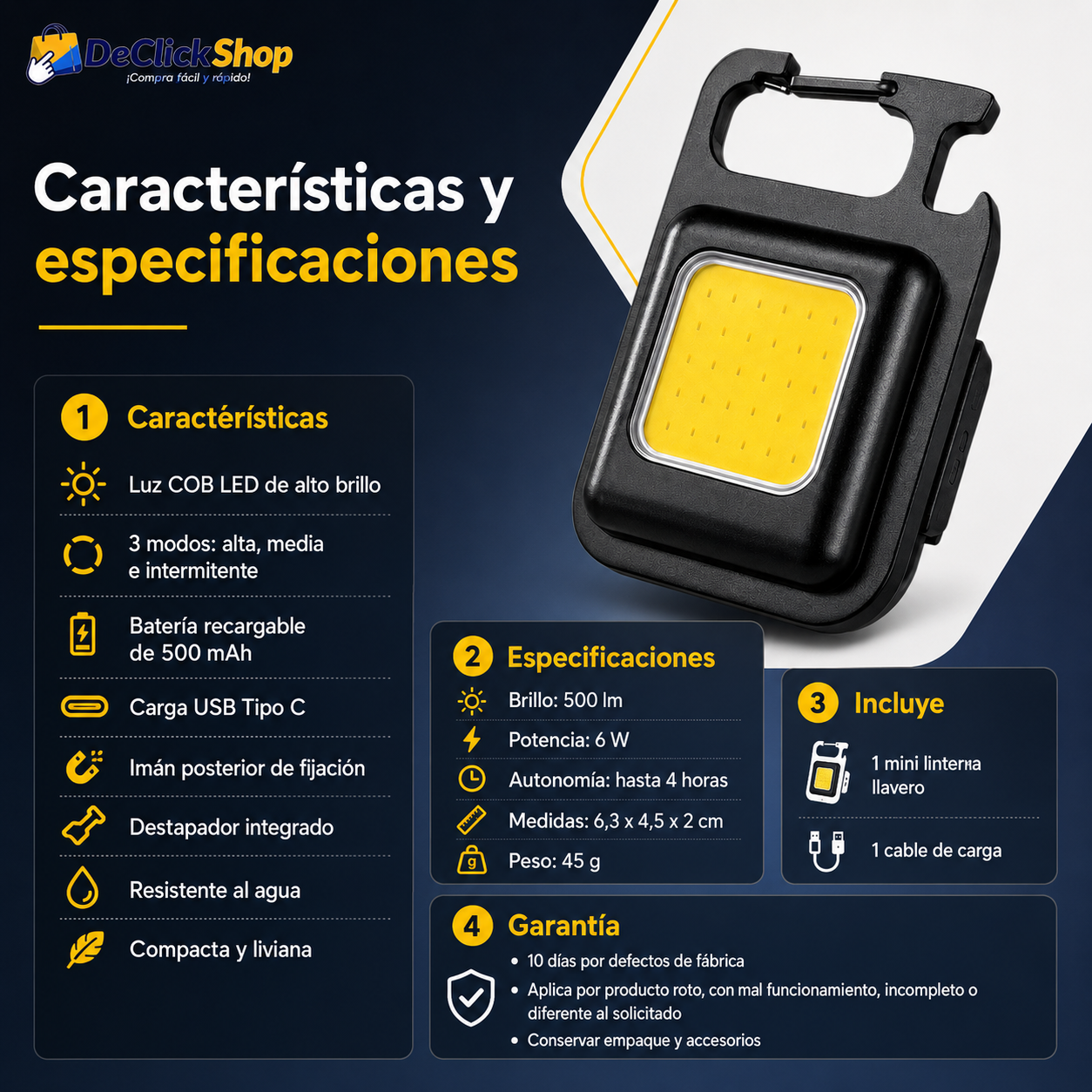 Mini Linterna Llavero Recargable LED COB Multifuncional con Imán y Destapador