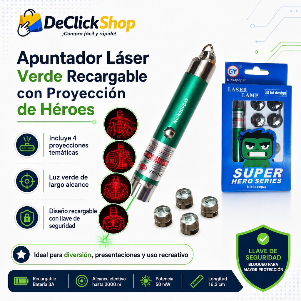 Apuntador Láser Verde Recargable con Proyección de Héroes