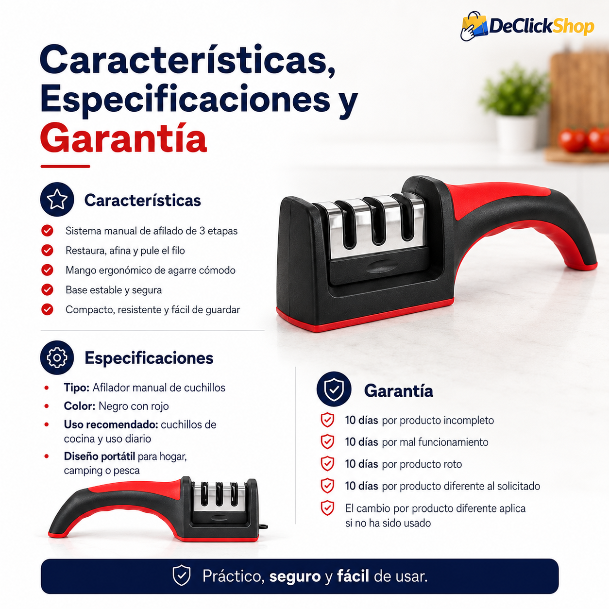 Afilador Manual de Cuchillos 3 Etapas con Mango Ergonómico