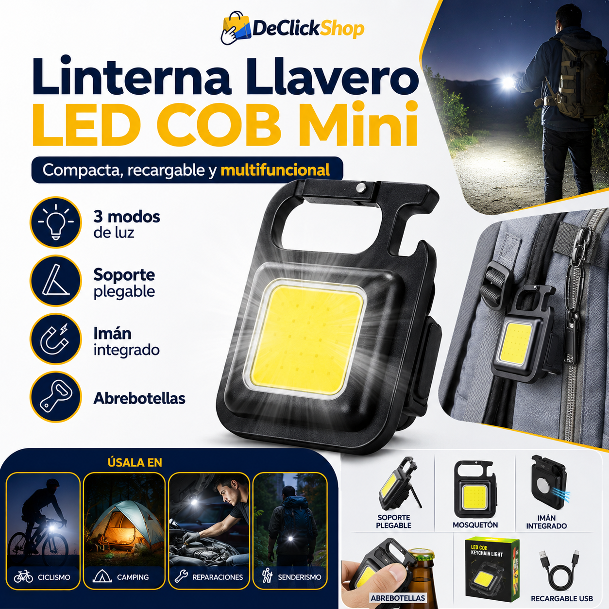 Linterna Llavero Mini LED COB Recargable 4 en 1