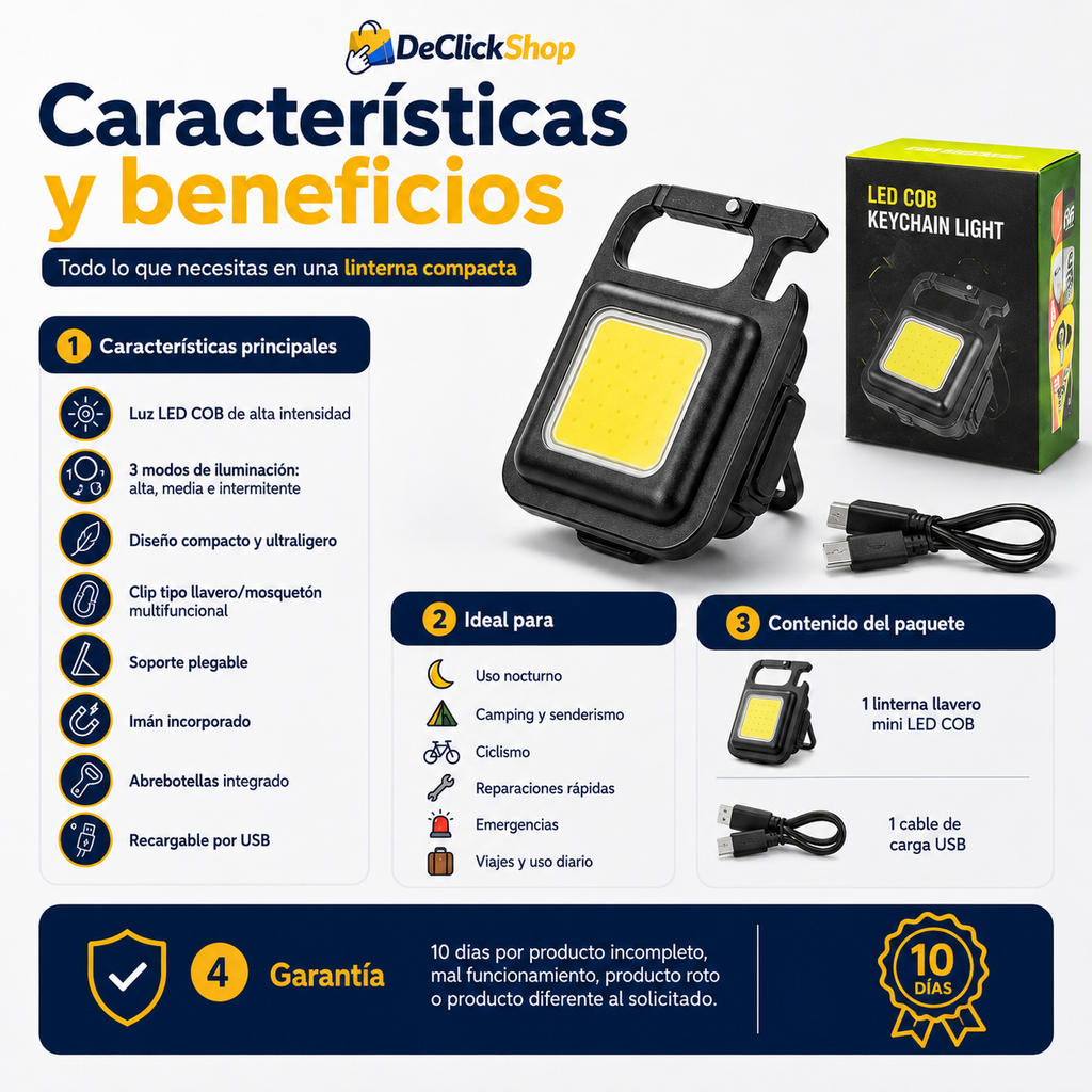 Linterna Llavero Mini LED COB Recargable 4 en 1