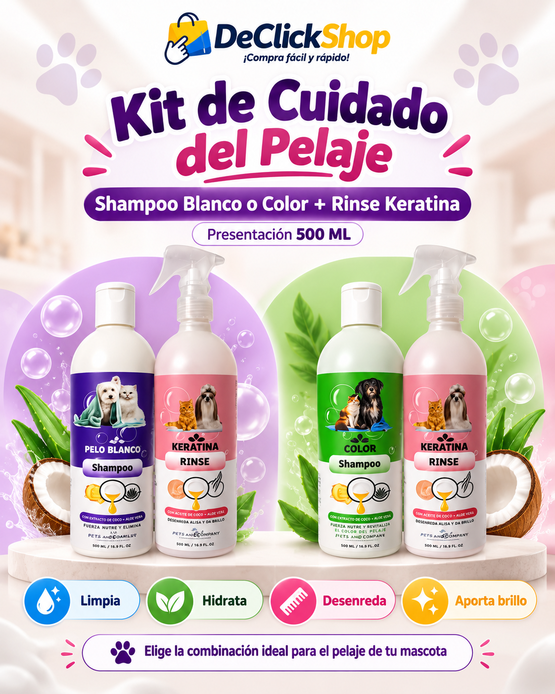 Kit para Cuidado del Pelaje 500 ml – Shampoo Blanco, Shampoo Color y Rinse Keratina