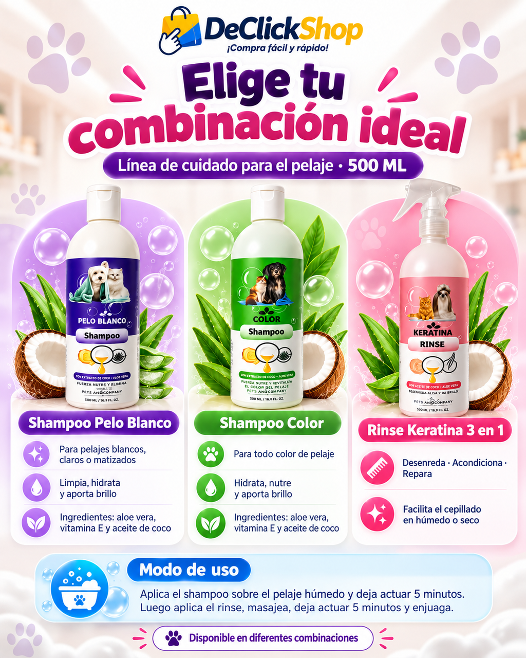 Kit para Cuidado del Pelaje 500 ml – Shampoo Blanco, Shampoo Color y Rinse Keratina