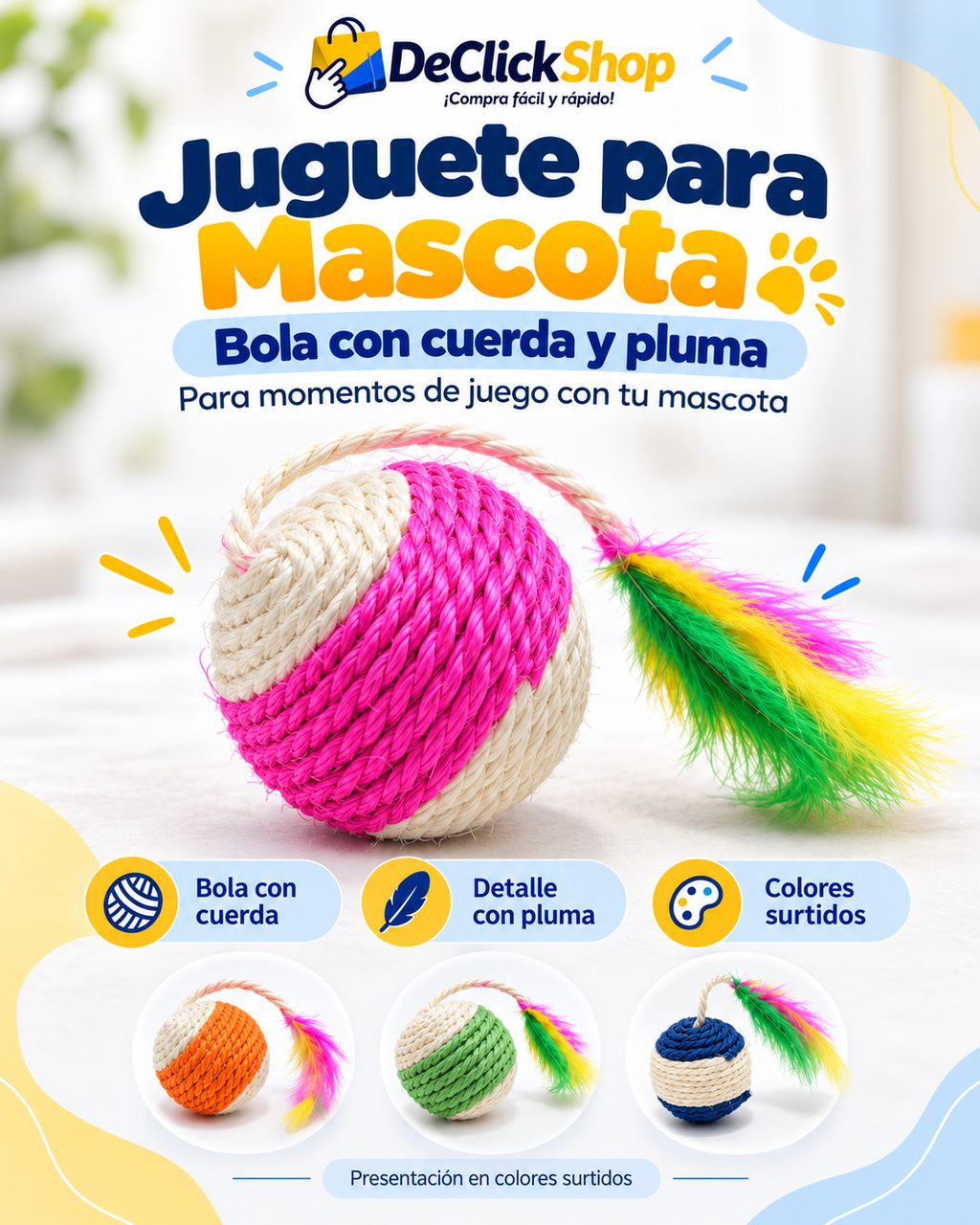 Juguete para Mascota con Bola, Cuerda y Pluma