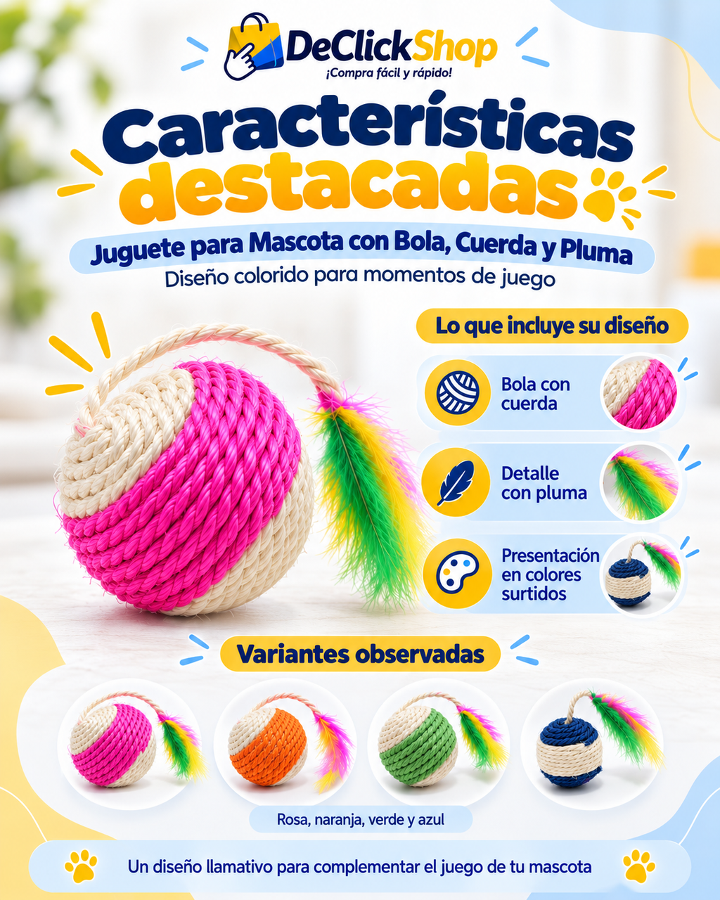 Juguete para Mascota con Bola, Cuerda y Pluma