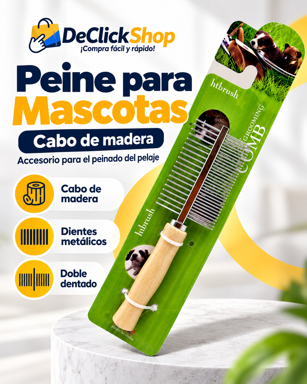 Peine para Mascotas con Cabo de Madera