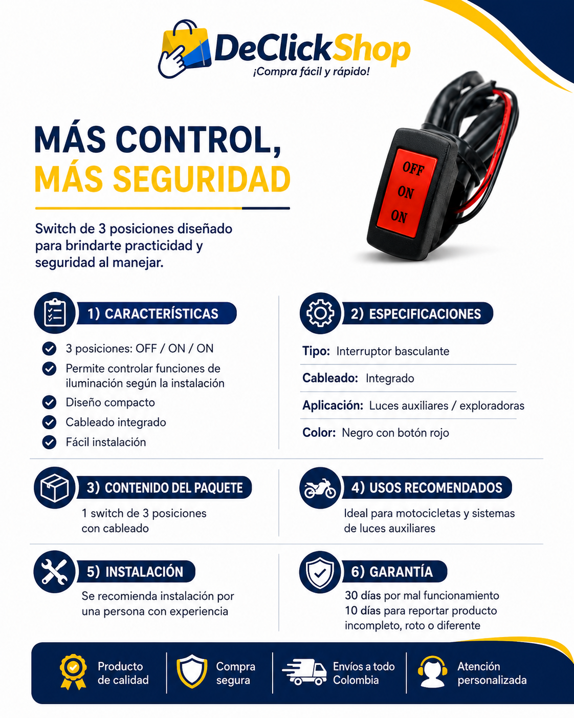 Interruptor de 3 Posiciones OFF/ON/ON para Luces Auxiliares de Moto