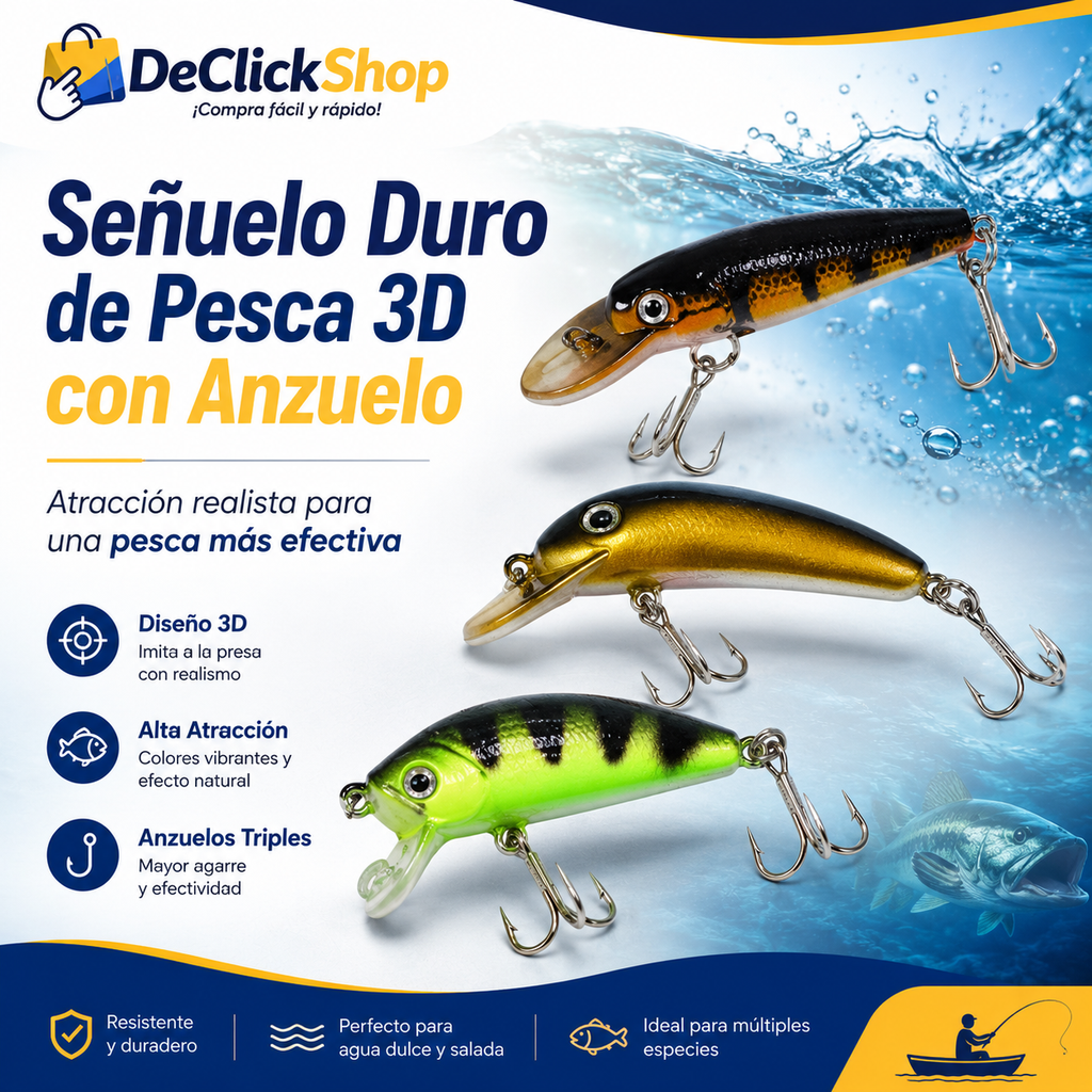Señuelo Duro de Pesca 3D con Anzuelo Triple – Alta Atracción para Agua Dulce y Salada
