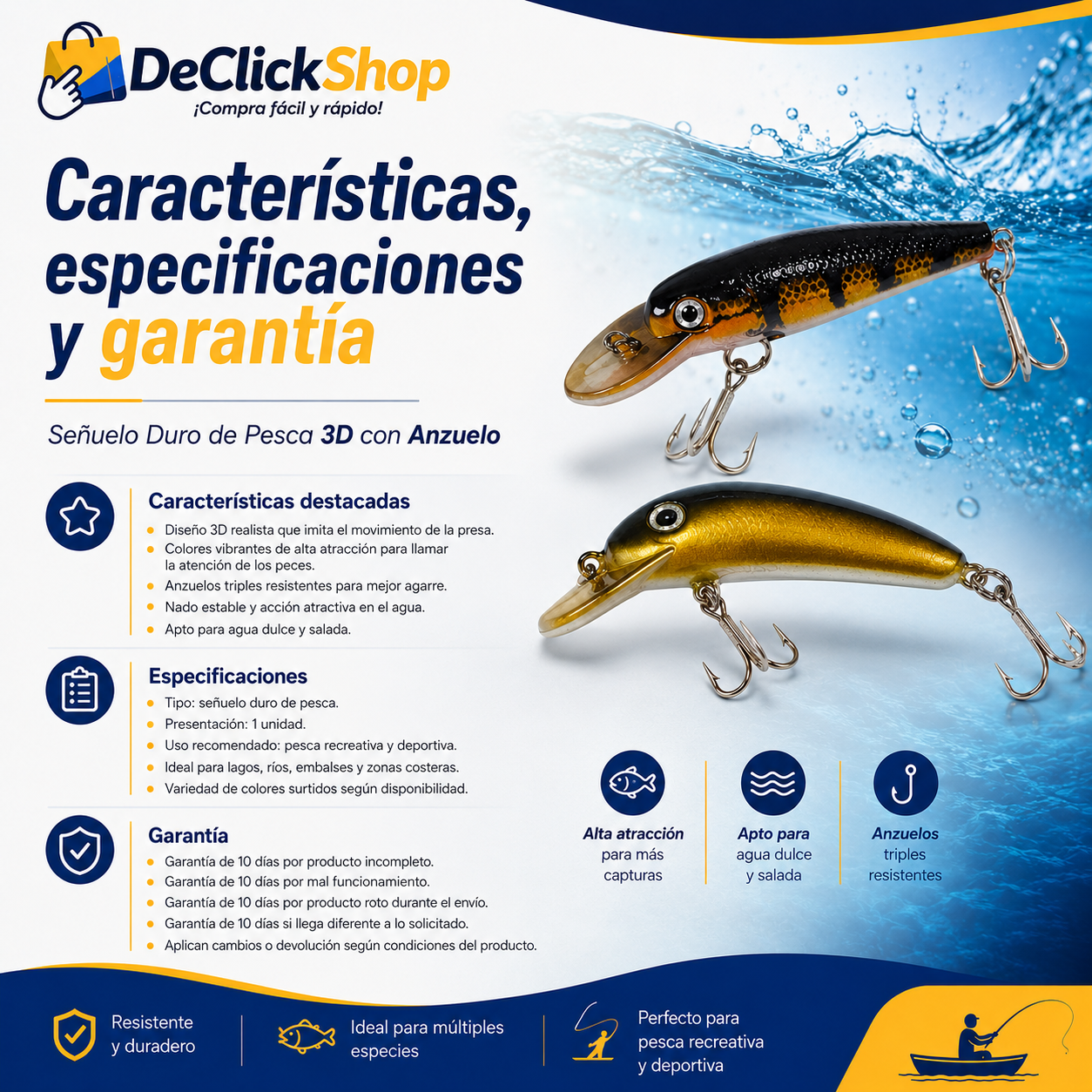 Señuelo Duro de Pesca 3D con Anzuelo Triple – Alta Atracción para Agua Dulce y Salada