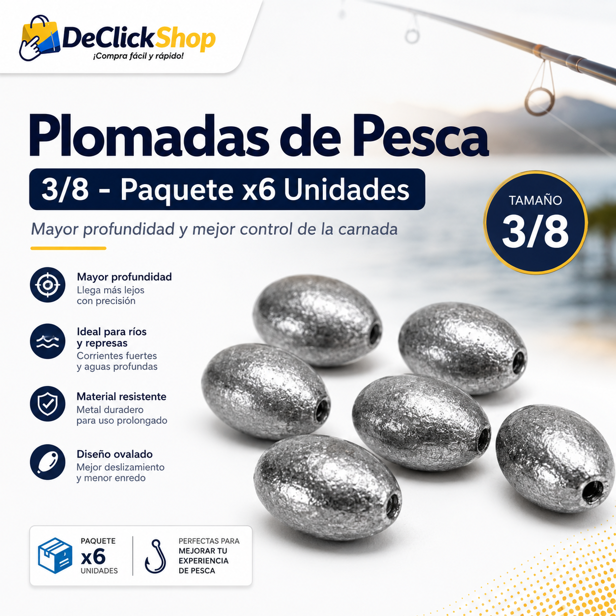 Plomadas de Pesca 3/8 x6 Unidades – Pesas Metálicas para Carnada y Pesca de Profundidad