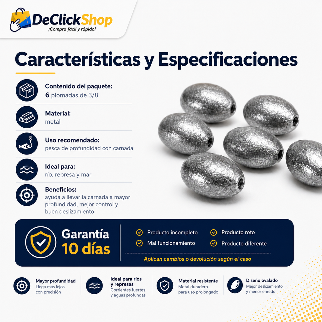 Plomadas de Pesca 3/8 x6 Unidades – Pesas Metálicas para Carnada y Pesca de Profundidad