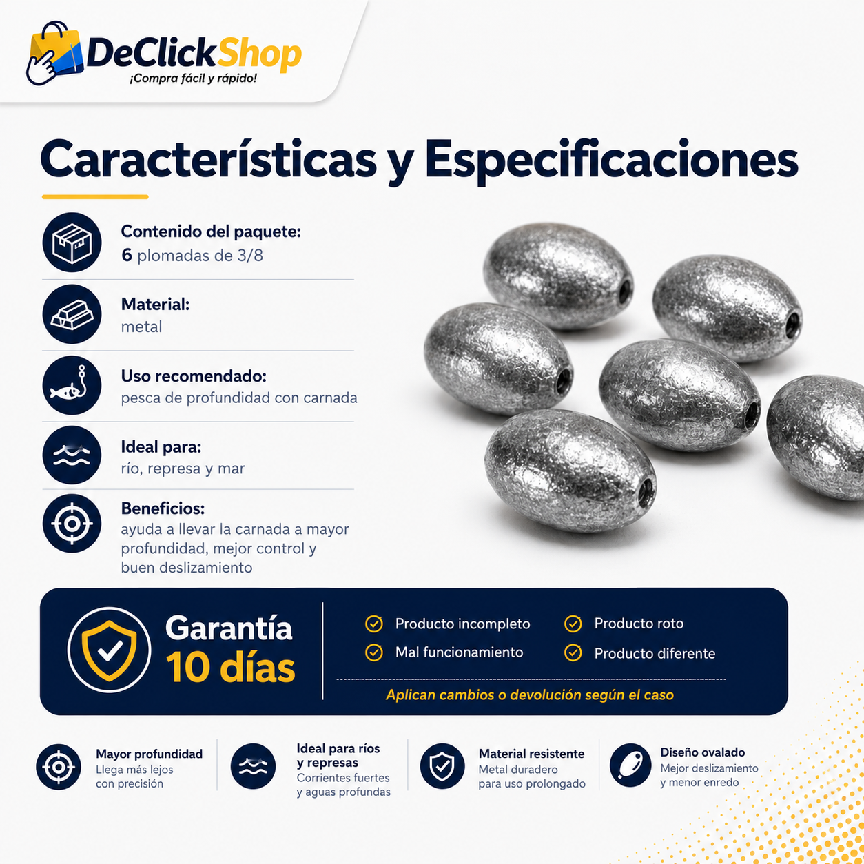 Plomadas de Pesca 3/8 x6 Unidades – Pesas Metálicas para Carnada y Pesca de Profundidad