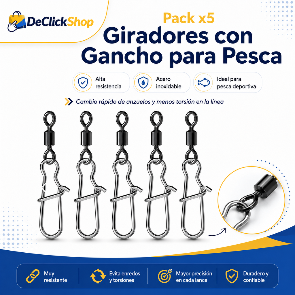 Pack x5 Giradores con Gancho para Pesca – Resistentes y Prácticos