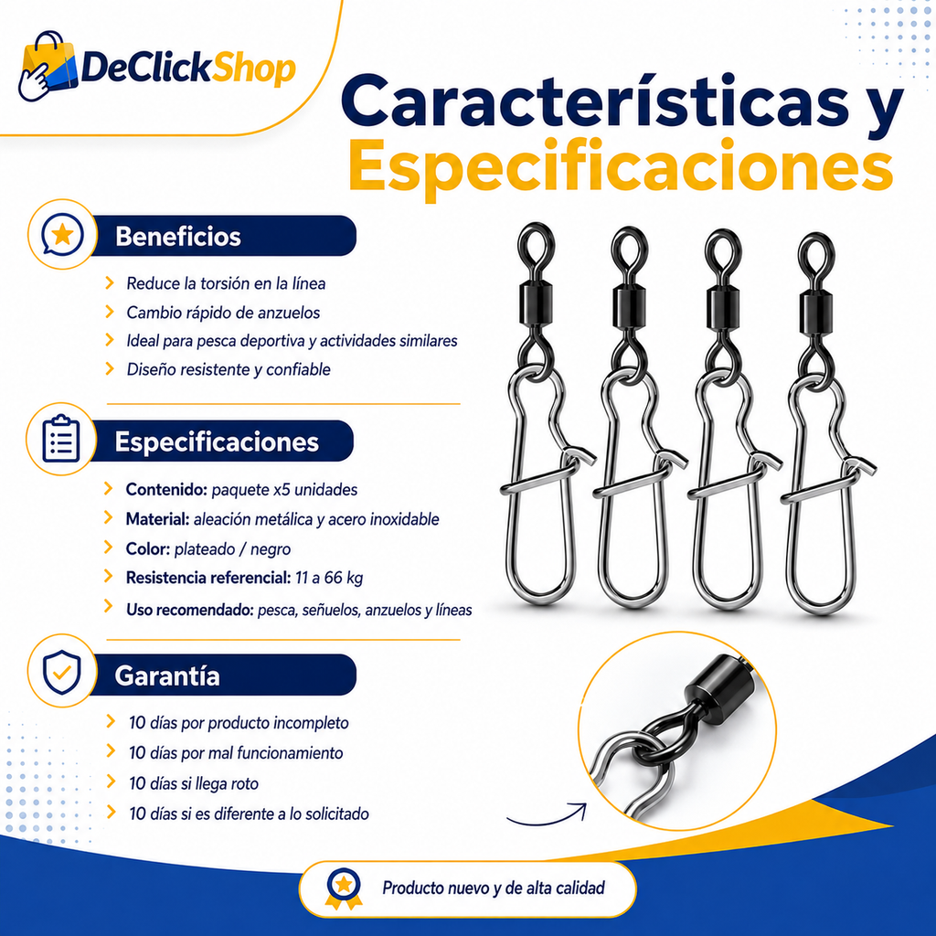 Pack x5 Giradores con Gancho para Pesca – Resistentes y Prácticos