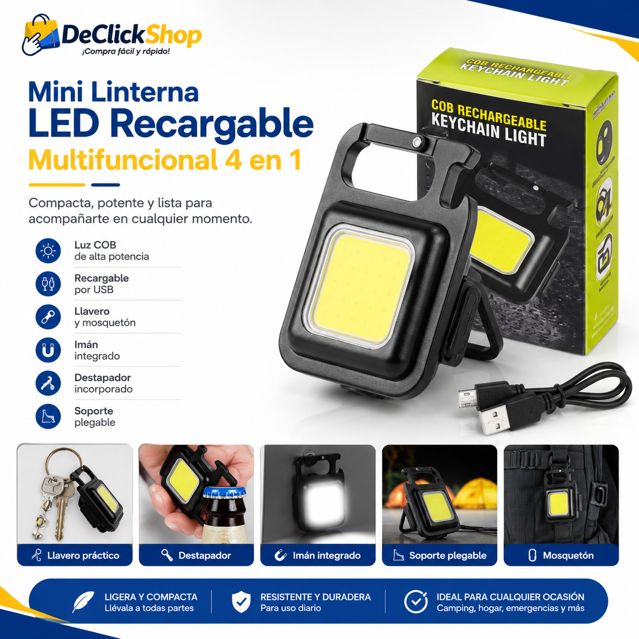 Mini Linterna LED Recargable Multifuncional 4 en 1