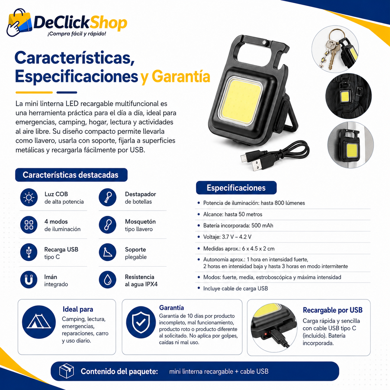 Mini Linterna LED Recargable Multifuncional 4 en 1