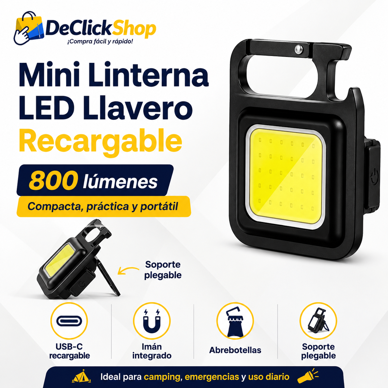 Mini Linterna LED Llavero Recargable 800 Lúmenes con Imán, Mosquetón y Abrebotellas