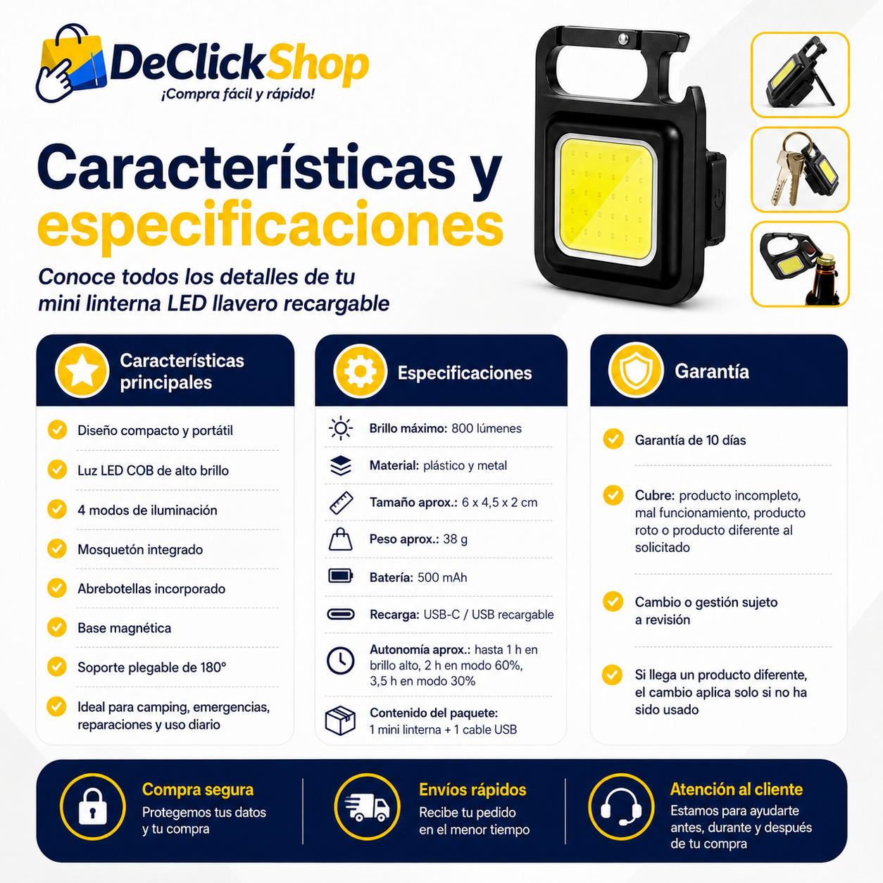 Mini Linterna LED Llavero Recargable 800 Lúmenes con Imán, Mosquetón y Abrebotellas