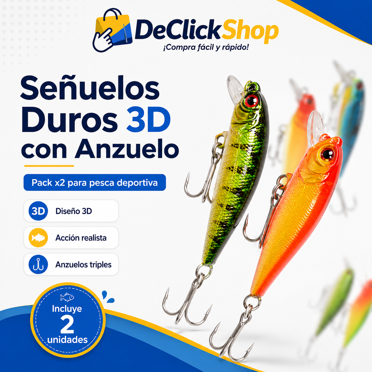 Pack x2 Señuelos Duros 3D para Pesca con Anzuelo Triple
