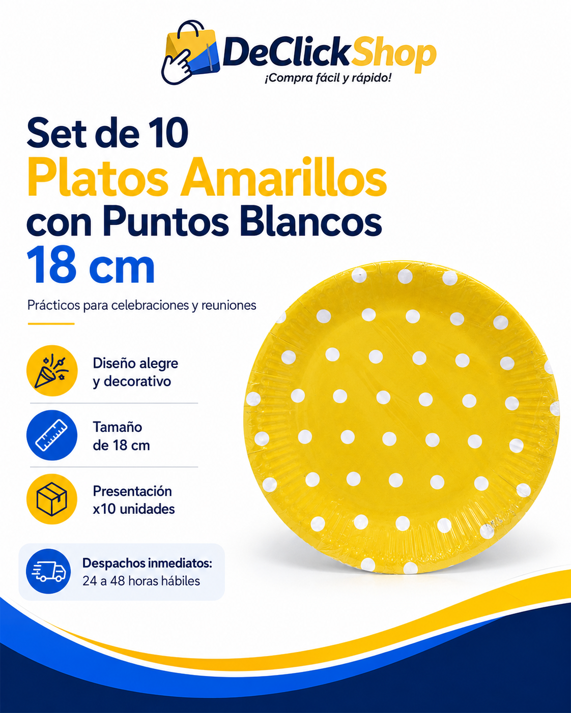 Set de 10 Platos Amarillos con Puntos Blancos de 18 cm