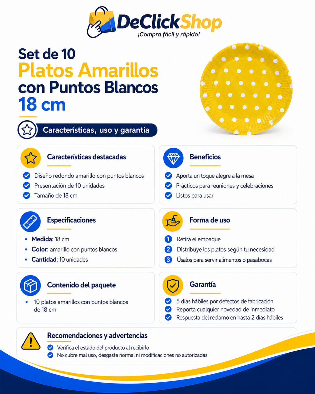 Set de 10 Platos Amarillos con Puntos Blancos de 18 cm