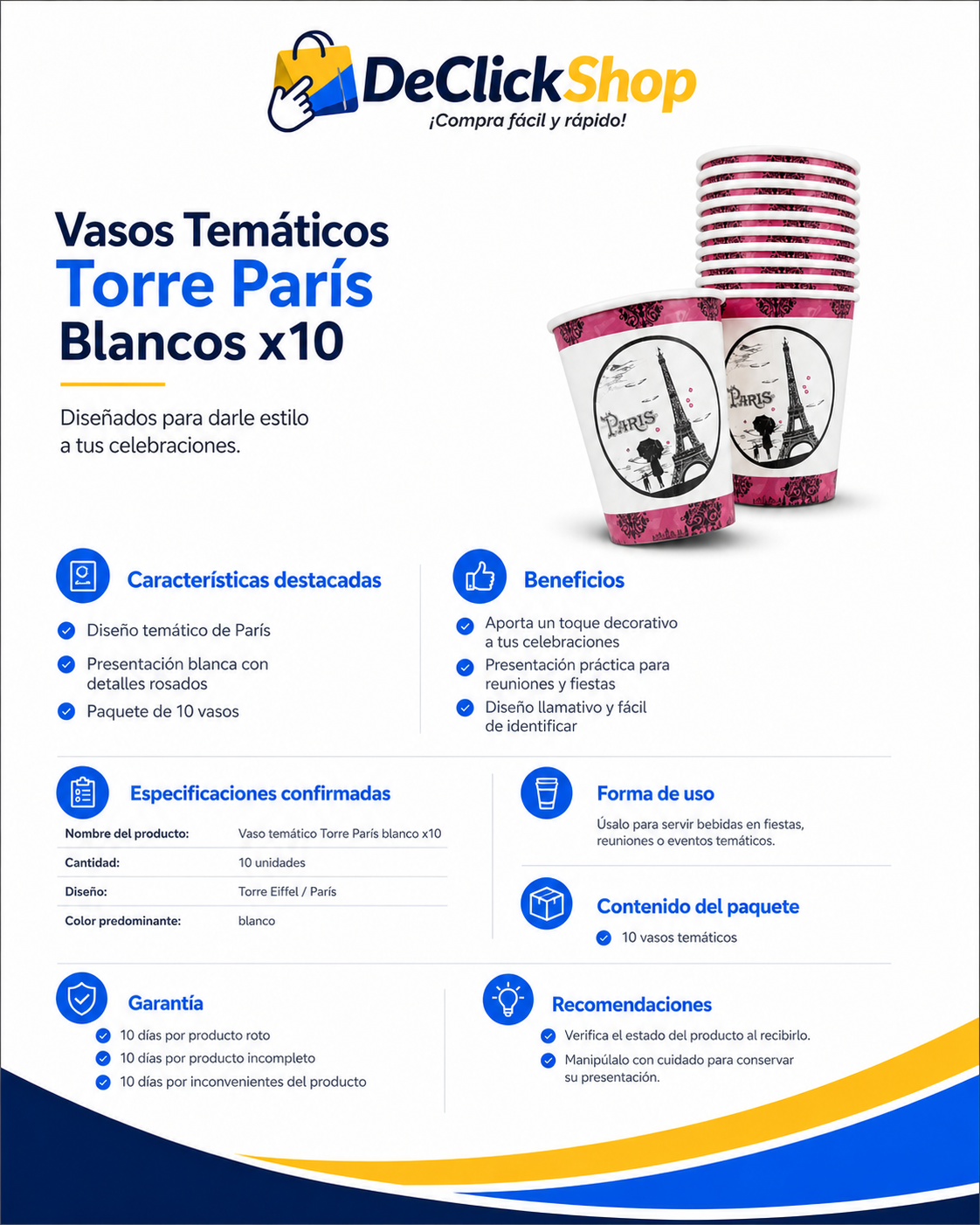 Set de 10 Vasos Temáticos París con Diseño de Torre Eiffel