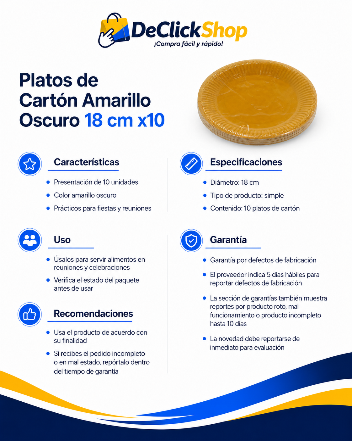 Set de 10 Platos de Cartón Amarillo Oscuro de 18 cm