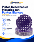 Set de 10 Platos Desechables Morados con Puntos Blancos – 18 cm