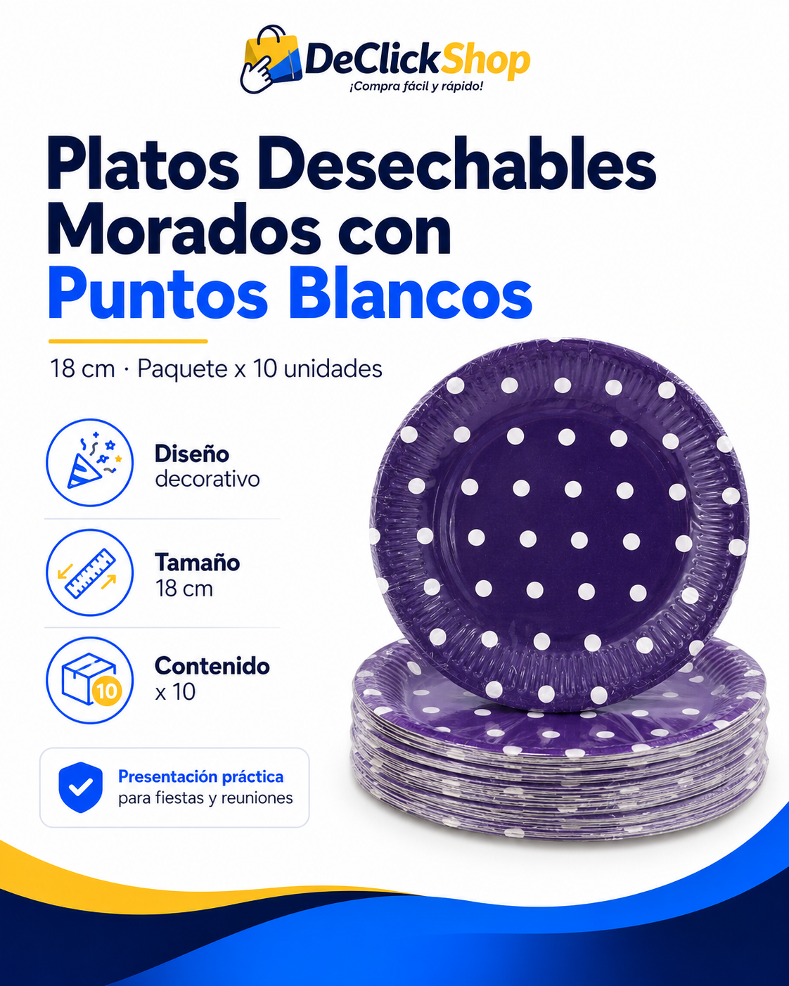 Set de 10 Platos Desechables Morados con Puntos Blancos – 18 cm