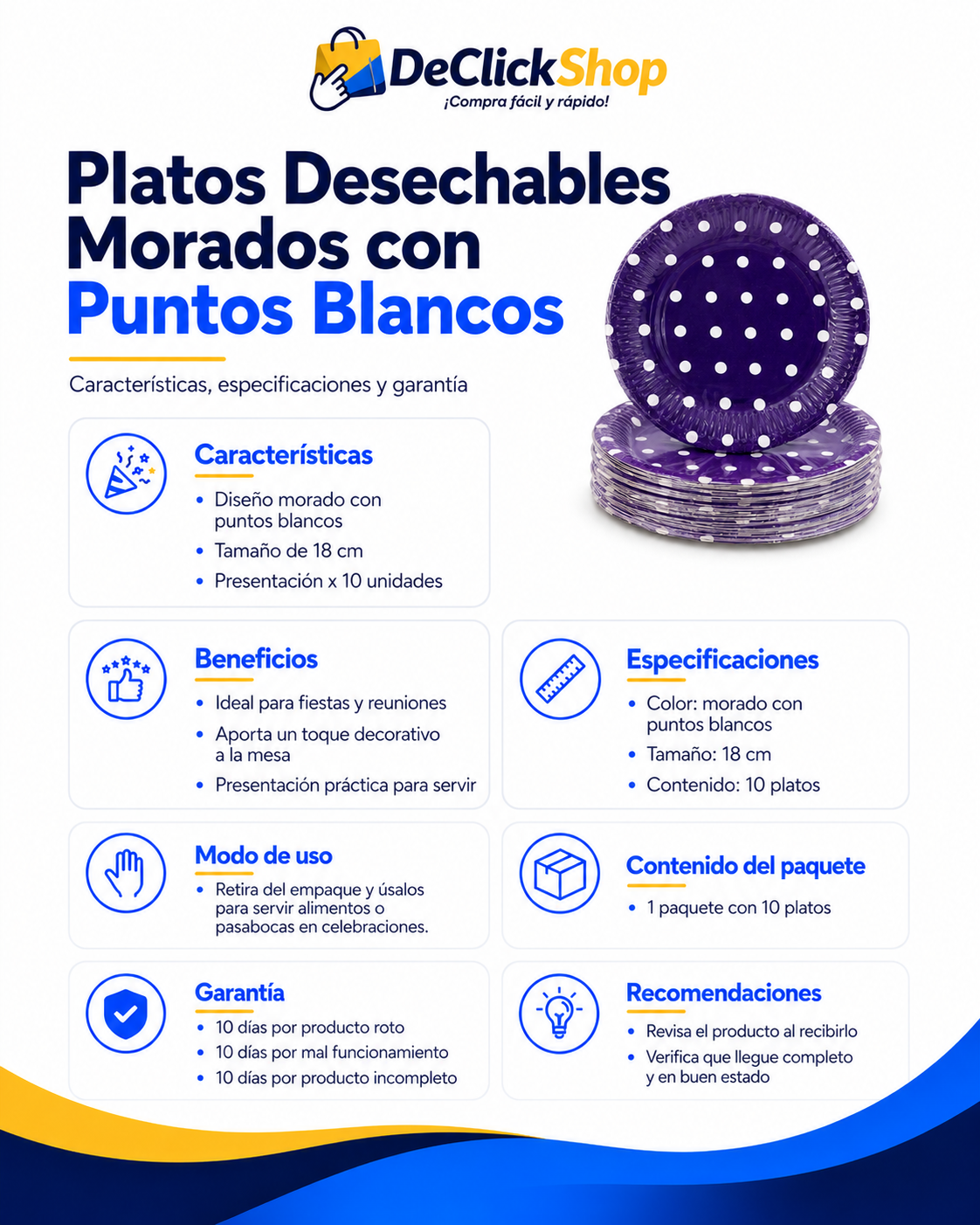 Set de 10 Platos Desechables Morados con Puntos Blancos – 18 cm