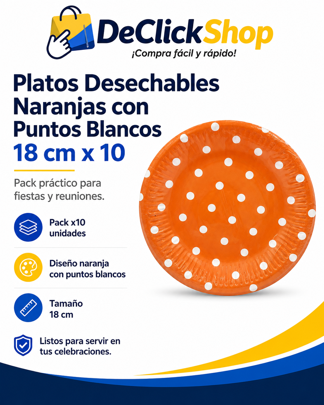 Platos Desechables Naranjas con Puntos Blancos – Paquete x10 de 18 cm
