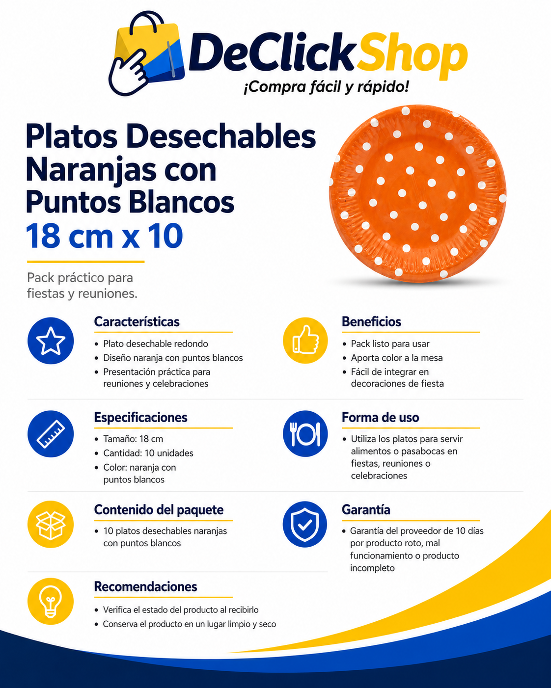 Platos Desechables Naranjas con Puntos Blancos – Paquete x10 de 18 cm