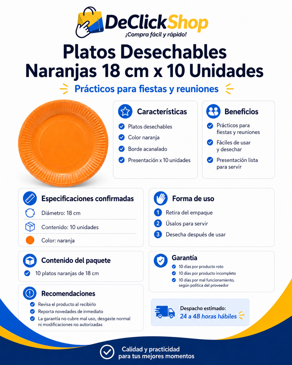 Platos Desechables Naranjas de 18 cm – Paquete de 10 Unidades