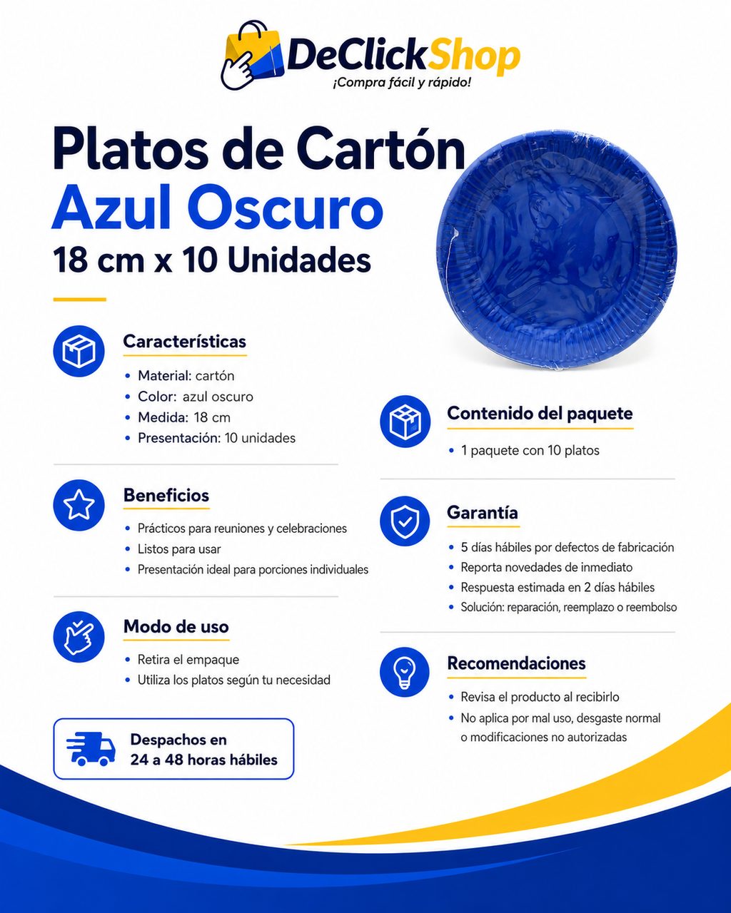 Paquete de 10 Platos de Cartón Azul Oscuro de 18 cm