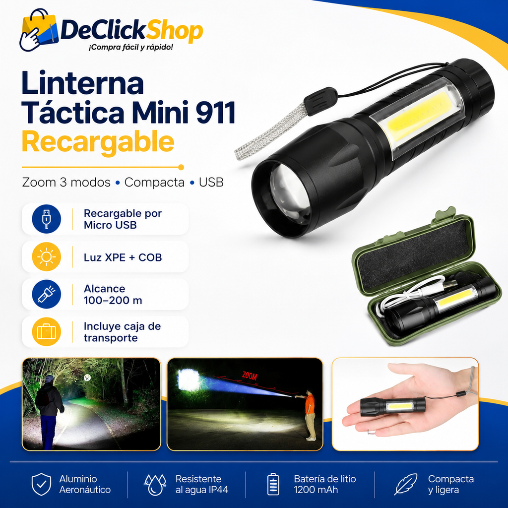 Linterna LED Mini 911 Recargable con Zoom y Luz Lateral COB