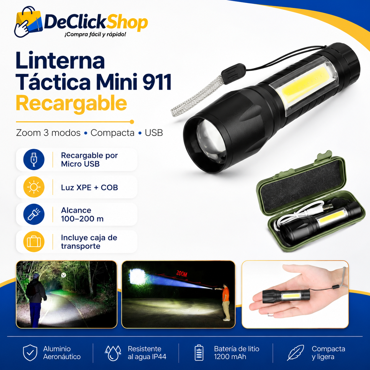 Linterna LED Mini 911 Recargable con Zoom y Luz Lateral COB
