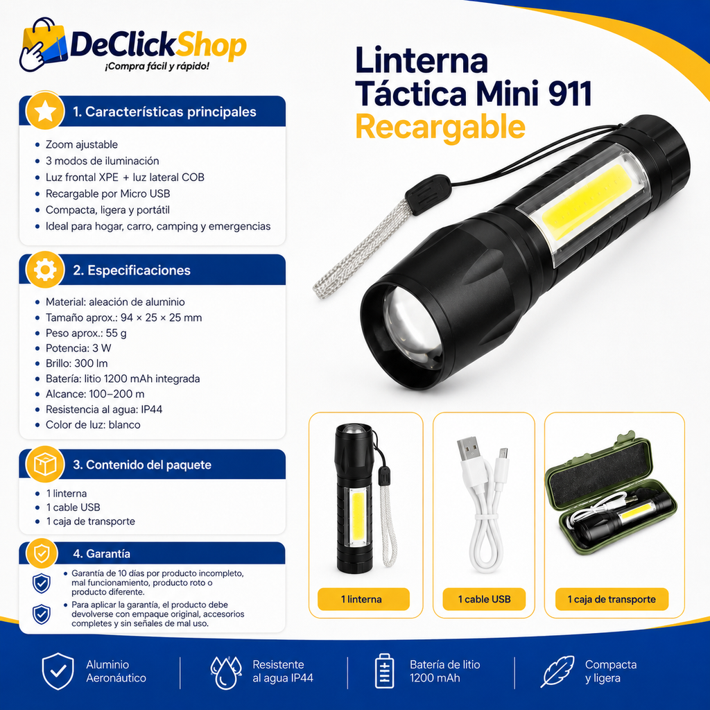 Linterna LED Mini 911 Recargable con Zoom y Luz Lateral COB