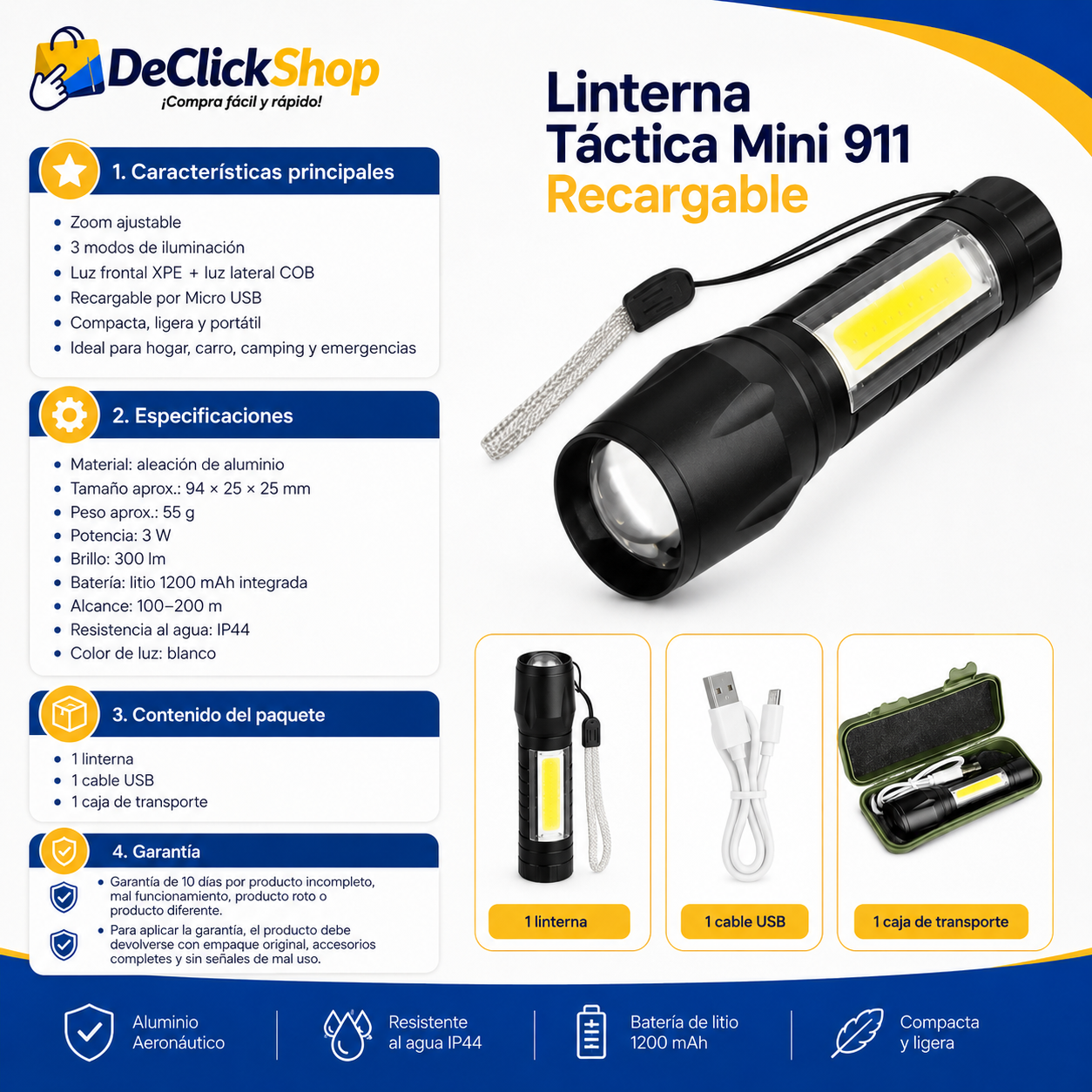 Linterna LED Mini 911 Recargable con Zoom y Luz Lateral COB