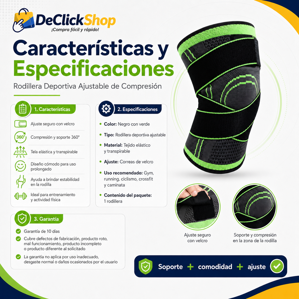 Rodillera Deportiva Ajustable de Compresión – Soporte y Estabilidad para Entrenamiento