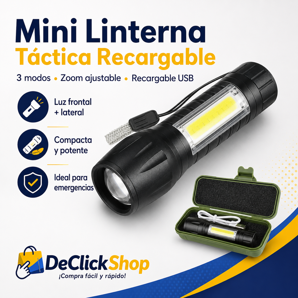 Mini Linterna Táctica Recargable 3 Modos con Zoom y Luz Lateral COB